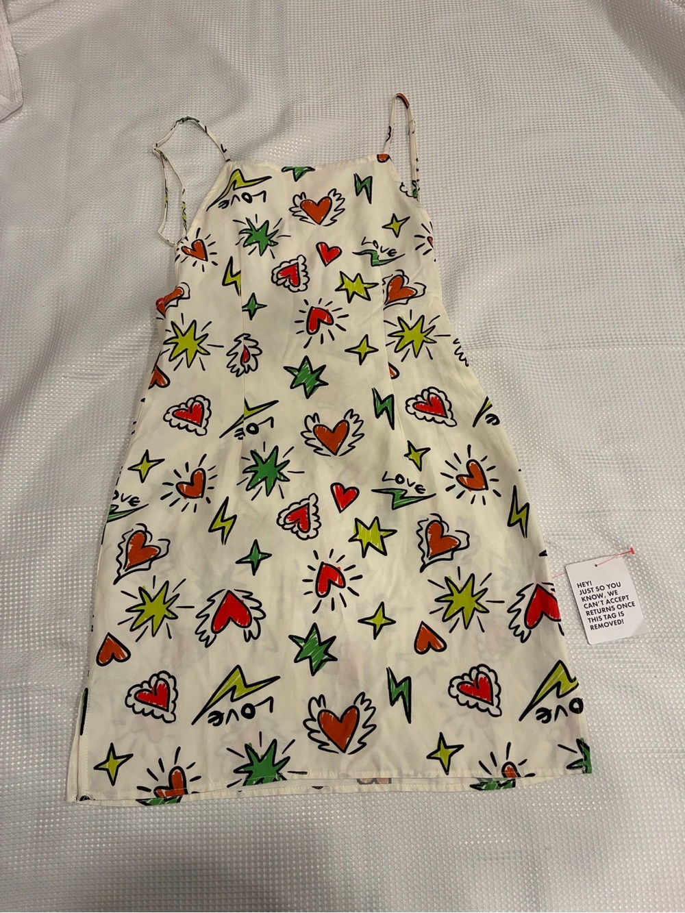 White  Mini Dress with Colorful Heart & Star Print backless cottagecore